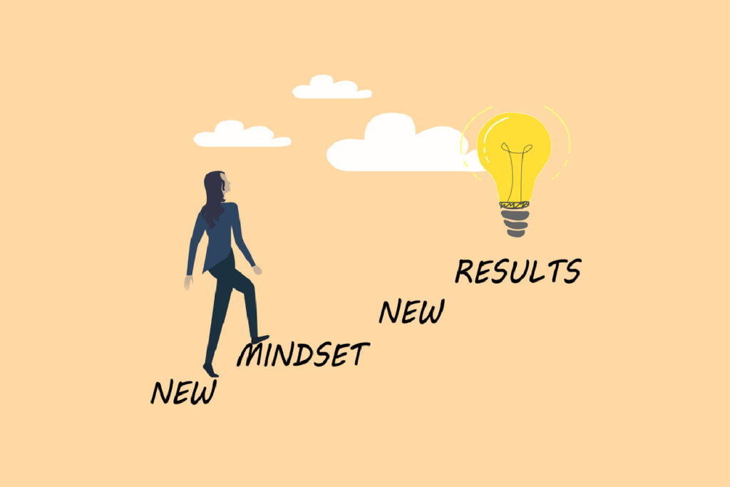 Illustration of a woman climbing stairs labeled "New Mindset, New Results," leading to a lightbulb, symbolizing innovation and growth, against a peach background. 