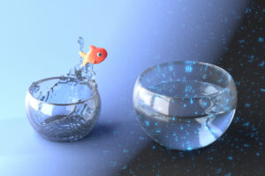 A goldfish jumps from a small fish bowl to a larger fish bowl overlayed with images of digital code to convey a concept of diving into the world of AI. 